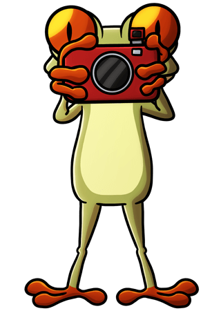 Springer the frog holding a camera to his face